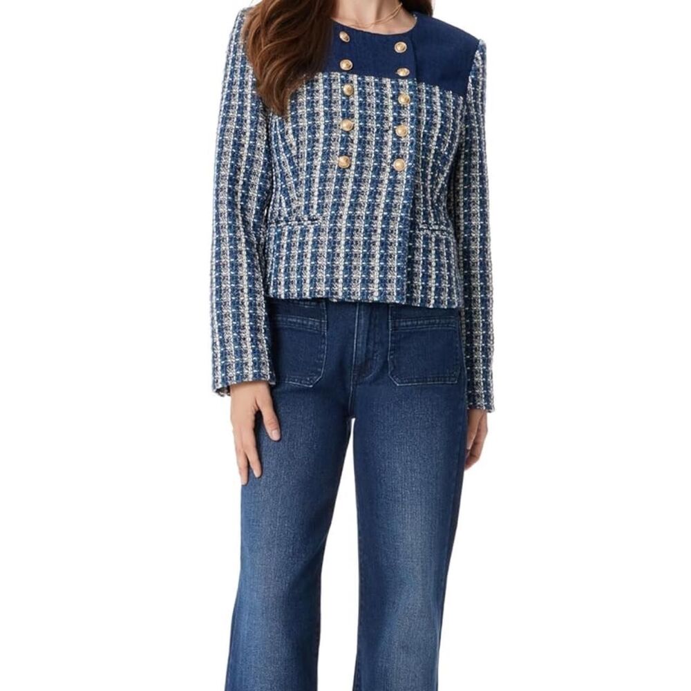 Sam Edelman NEW Blue Tweed & Denim Cropped Jacket Gold Buttons Blazer XL $169 RP - Picture 3 of 7